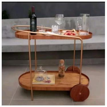 Imagem de Carrinho Bar Adega Oval com 2 Prateleiras Aço Dourado com Madeira Lami