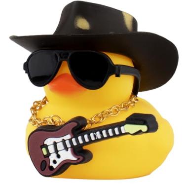 Imagem de wonuu Enfeites De Carro Pato Borracha Wonuu, Guitarra, Acessórios Legais, Decoração Painel Com Chapéu Cowboy, Colar E Óculos Sol, Preto Dourado