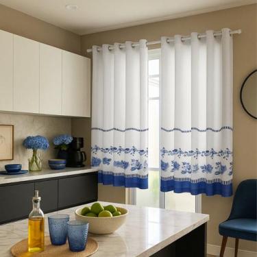 Imagem de Cortina Para Janela de Cozinha 2,20x1,30 Floral Azul Mimo - Casa Impér
