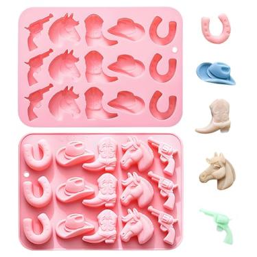 Imagem de Molde de cubo de gelo de cowboy ocidental, bandeja de silicone rosa com forma de chapéu de bota de cavalo, conjunto de 2