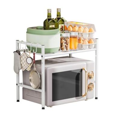 Imagem de YANYYGu Suporte de microondas, rack de forno de metal ajustável de 2 camadas com 4 ganchos, prateleira organizadora de aço carbono resistente para micro-ondas/forno/torradeira, armazenamento de