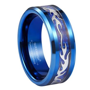 Imagem de QUEENWISH Alianças de casamento masculinas de 8 mm com morcegos prateados, infinito, elegante, de tungstênio azul, para joias de aniversário, Carboneto de tungstênio, Sem pedra preciosa
