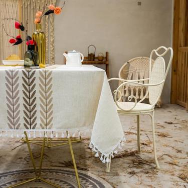 Imagem de KAIJIE Toalha de mesa retangular texturizada estilo rural toalha de mesa de algodão e linho bordado com decorações de borla para casa 100 x 160 cm