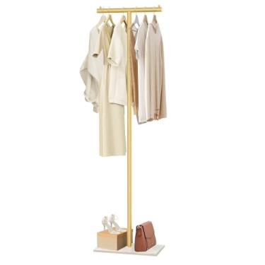 Imagem de Suporte de metal em forma de T, cabideiro moderno com base de laje de pedra, suporte independente de 68,9 polegadas, adequado para boutiques, entrada, quarto, sala de estar, corredor, (amarelo dourado