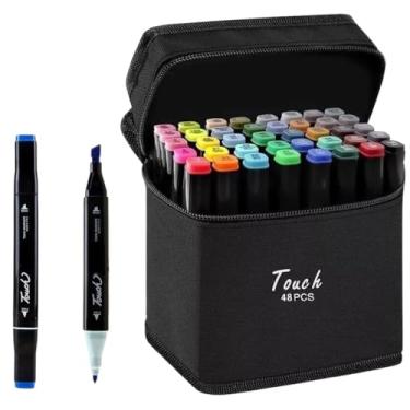 Imagem de Conjunto de Canetas Marcador Permanente Ponta Dupla 48 Cores – Ponta Fina e Pincel – Estojo Incluso, Ideal para Artes Ilustração Kit Canetas Marcador Touch Permanente Desenho Profissional e Escolar