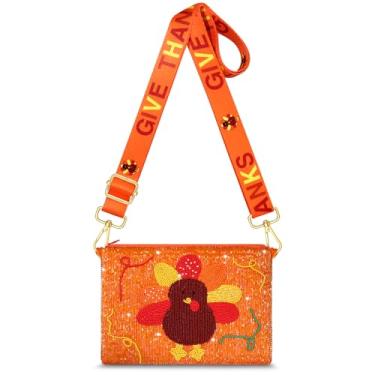 Imagem de Bolsa de Ação de Graças com contas de folha de bordo peru bolsa de ombro tiracolo bolsa de ombro Ação de Graças acessórios outono roupa presente, Laranja
