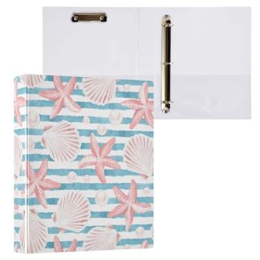 Imagem de Vuiyean Fichário listrado de concha costeira com estrela do mar de 3,8 cm com prancheta e bolsos, fichários de capa dura com 3 anéis, pasta de arquivo grande resistente para material escolar de