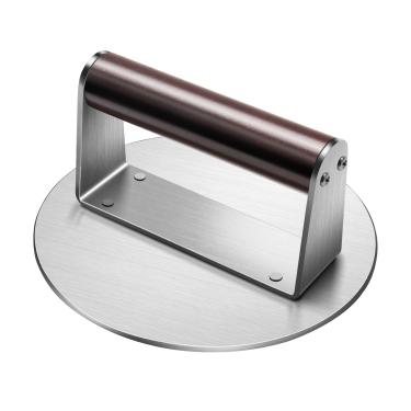 Imagem de Whaleme Prensa de hambúrguer de aço inoxidável, prensa redonda de 16 cm com cabo de madeira, 600 g