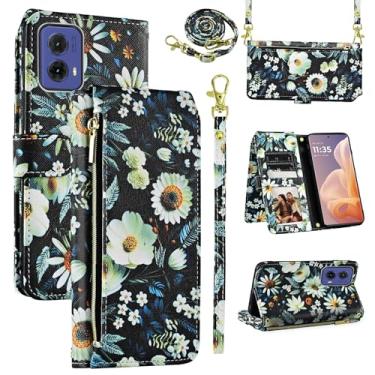 Imagem de Dswteny Capa carteira para Motorola Moto G85 com alça de pulso removível, bolsa com zíper floral couro PU suporte suporte para cartão acessórios capa de celular para XT2427-3 mulheres homens preto