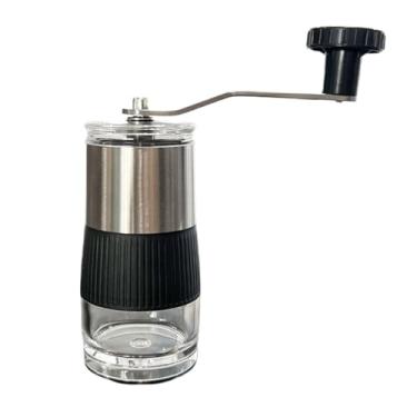 Imagem de WZZHHJ Moedor de café manual portátil — Corpo de aço inoxidável 304 e rebarba de cerâmica, ajuste de moagem contínua, alça removível e copo de chão transparente — viagem, casa, acampamento, escritório