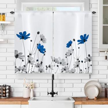 Imagem de Cortinas de cozinha pequenas e curtas azuis cinza margaridas rústicas flores silvestres flores silvestres estéticas cortinas de café bolso para varão cortinas de janela de banheiro tecido de
