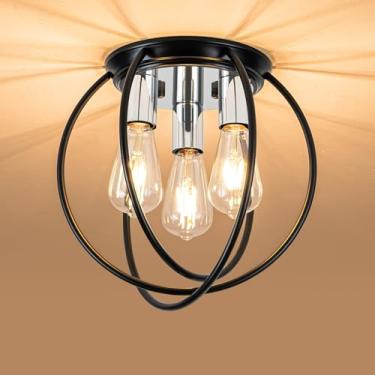 Imagem de fengkeDU Luz de teto industrial de 3 luzes pretas de montagem semiembutida perto de luminárias de teto, design de gaiola, iluminação de teto de casa de fazenda para cozinha, quarto, banheiro, hall de