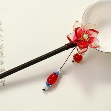 Imagem de Grampos de cabelo em forma de flor de sândalo feitos à mão em espiral de madeira varas de garfo retrô chinês Hanfu