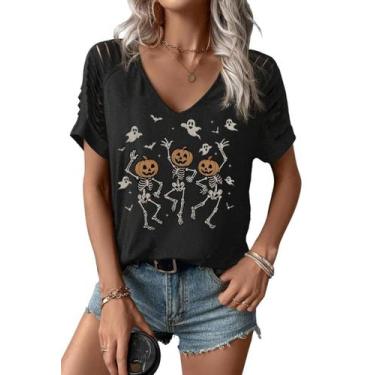 Imagem de Camiseta Earlymemb Halloween Skeleton com decote em V e ombro frio