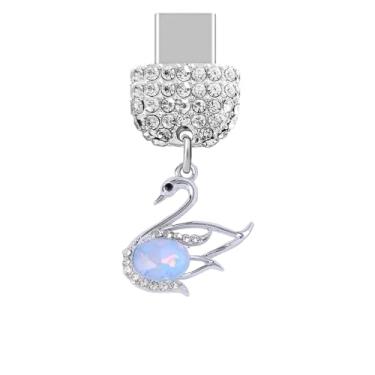 Imagem de ELISE & FONDA TP922 Tipo-C porta de carregamento cristal antipoeira pequeno 3D Swan pingente de celular para iPhone 15/16/Samsung/OnePlus/Xiaomi/oppo telefones Android (azul)