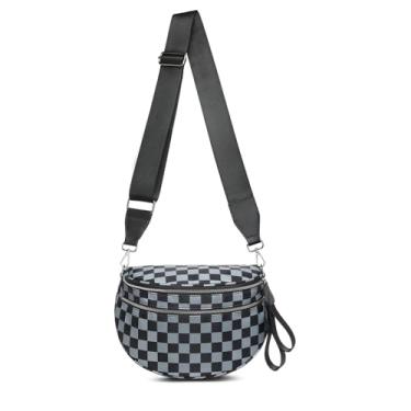 Imagem de DIOMO Bolsas femininas de nylon quadriculadas com zíper prateado, pochete de nylon plus size, bolsa de viagem, Xadrez preto e cinza
