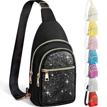 Imagem de Bolsa tiracolo para mulheres e homens, bolsas tiracolo com glitter, linda mini mochila de caminhada, bolsa de ombro casual para viagens ao ar livre (preto brilhante brilhante)