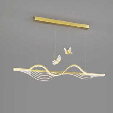 Imagem de Lustre moderno LED luzes pendentes ilha de cozinha lustre linear 36W regulável LED tira longa teto pendurado lâmpada nórdico grande borboleta lustre para sala de jantar restaurante bar, ouro
