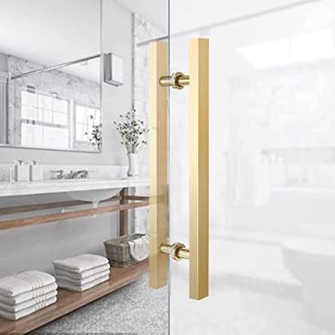 Imagem de Puxador de porta estilo rústico para porta de chuveiro de banheiro, puxadores de porta de dois lados em forma de H/escada, com conjunto de encaixe, para vidro/madeira/porta de celeiro/prata