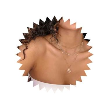 Imagem de Aneneiceera Colar Boho em camadas de disco de moeda, gargantilha de pérola, colar com pingente de medalhão, corrente de contas, vintage, retrato, moeda, colar geométrico, círculo, joias, presentes