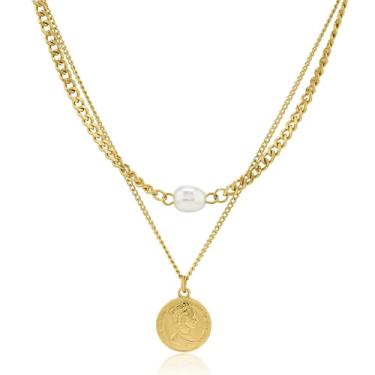 Imagem de Colares com pingente banhado a ouro para mulheres, moeda grossa ou ouro 14K e pingentes de cabeça de leão, joia de declaração grunge Y2K, corrente moderna para presente, One Size, Cobre Banhado a ouro