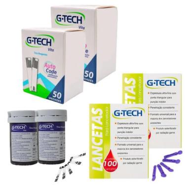 Imagem de Tiras Fitas Glicose GTech Vita 100 Tiras 200 Lancetas - Love Saude