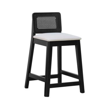 Imagem de Banqueta Média Gabi Madeira Maciça Telinha - Preto Assento Estofado Linho Bege