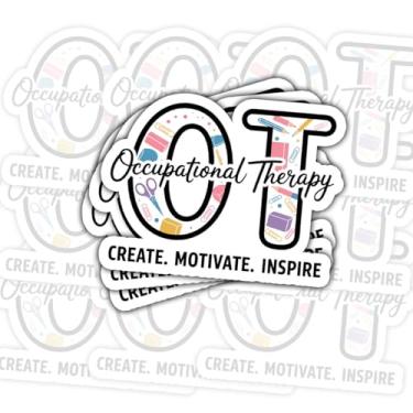 Imagem de 3 adesivos de terapia ocupacional OT, citação "Create Motivate Inspire com material escolar" decalque de vinil à prova d'água para laptop, garrafa de água, prancheta, caderno, presente para terapeutas