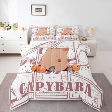 Imagem de Jogo de edredom solteiro com desenho kawaii, laranja, frutas, capivara, amantes de animais, tema natural, para crianças, meninas, meninos, roedores fofos, estampa de animais murino, branco