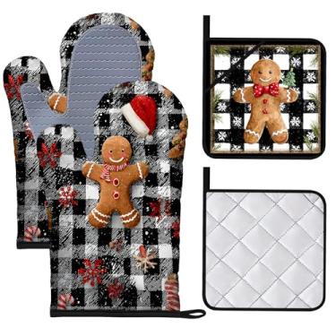 Imagem de BVBOX Conjunto de 4 luvas de forno e pegadores de panela de Natal resistentes ao calor com superfície de silicone antiderrapante para cozinhar, assar, grelhar (homem de gengibre, conjunto com 4)