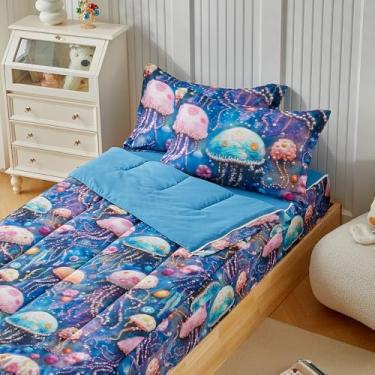Imagem de URLINENS Jogo de cama infantil solteiro com zíper para meninas e meninos, 3 peças, água-viva, lençol com elástico e fronhas, tudo em um, com zíper, microfibra supermacia, leve, rosa e azul