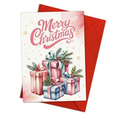 Imagem de Podagree Cartão de Feliz Natal para amigos, familiares ou colegas de trabalho, caixas de presente empilhadas em vermelho e azul com laços e estrelas do Papai Noel secreto ou doador de Natal – 20 x 13