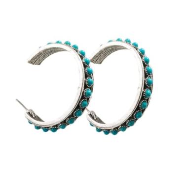 Imagem de Brincos de argola étnica estilo C geométrico boêmio turquesa colorido para mulheres estilo caubói tribal boho, Pedra, Turquesa