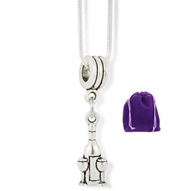 Imagem de Colar de corrente de cobra com pingente de garrafa de vinho com duas taças de vinho, Prata