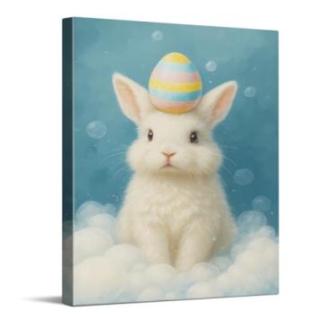 Imagem de CYFDYVT Impressão de arte de parede de coelhinho sonhador macio com ovo listrado de Páscoa com design de nuvem de bolha para decoração de casa linda primavera arte em tela 20 x 25 cm