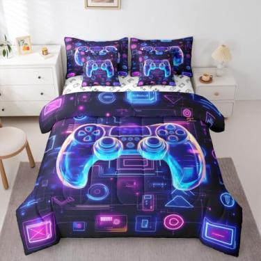 Imagem de jejeloiu Jogo de cama infantil com controle de jogo, 7 peças, azul, roxo, para decoração de quarto de jogos, macio, leve
