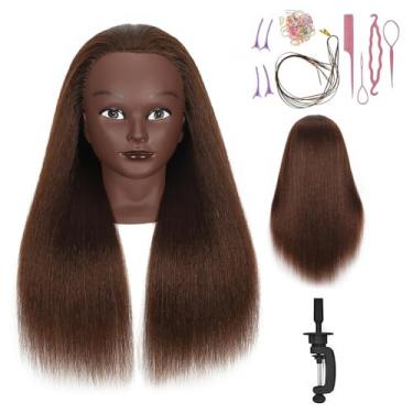 Imagem de 100% cabelo real manequim cabeça treinamento cabeça manequim cosmetologia cabeça boneca cabeça para cabeleireiro prática trança cabelo penteado com suporte de grampo (45,7 cm)