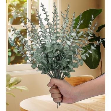 Imagem de 12 peças de hastes de eucalipto, folhas artificiais de eucalipto, flores artificiais falsas para casa, escritório, buquê, centro de mesa, decoração de casamento, decoração de Natal (branco gelo, 40 x