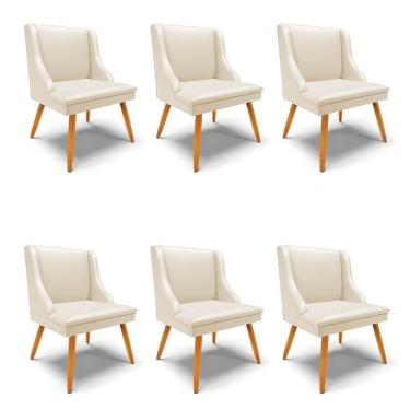 Imagem de Kit 6 Cadeiras Estofadas Para Sala De Jantar Pés Palito Lia Sintético Bege - Ibiza