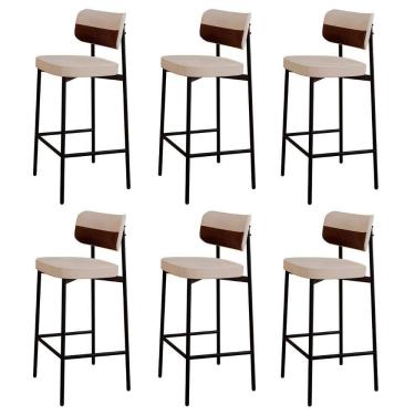 Imagem de Banqueta Alta Bar Estofada Kit 6 Ella M25 Linho Areia/marrom - Mpozenato