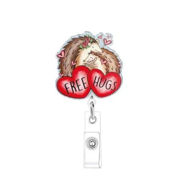 Imagem de Carretel de crachá de ouriço fofo para enfermeira com design de coração engraçado feriado retrátil clipe jacaré acrílico para enfermagem, médicos, professores, assistente social, cartão de