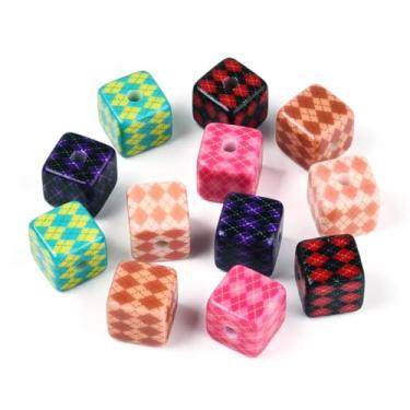 Imagem de Beadthoven 10 peças de contas de acrílico cubo de 14,5 a 15 mm com padrão de losango, contas espaçadoras soltas impressas opacas para artesanato faça você mesmo, pulseira, colar, brincos, joias