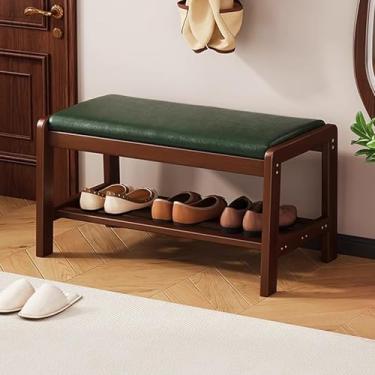 Imagem de uhyOHF Banco de sapateira, banco de armazenamento de entrada com almofada de couro e moldura de madeira maciça, organizador de sapateira para corredor de portas da frente (verde - 70 x 30 x 45 cm