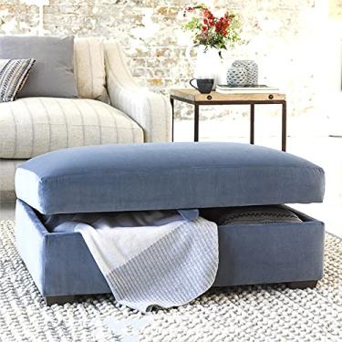Imagem de FAMEOYA Banco otomano de armazenamento premium, banco de armazenamento moderno para os pés, banquinho de madeira com armazenamento, otomano estofado confortável para sala de estar quarto - veludo azul