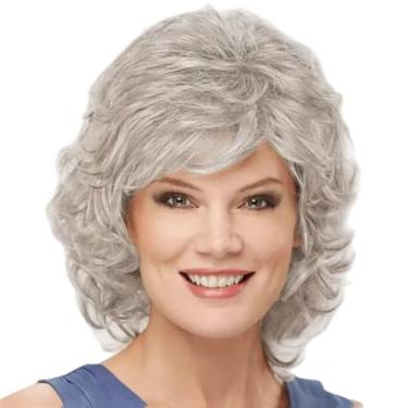 Imagem de Peruca curta encaracolada cinza com franja – Peruca sintética estilo cacheado solto para mulheres idosas, presente perfeito para o Dia das Mães