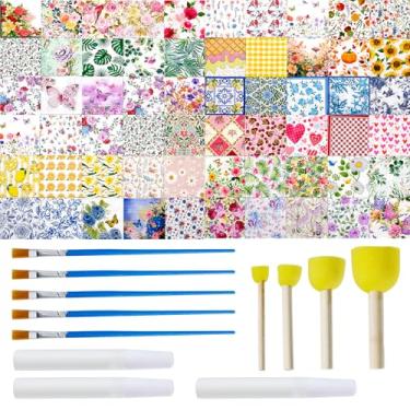 Imagem de Pacote com 72 guardanapos de papel com 60 estilos para decoupage com 30 ml de cola e 9 pincéis, 6 cores, desenhos florais sortidos, decoração decorativa para artesanato, decoração de mesa de festa