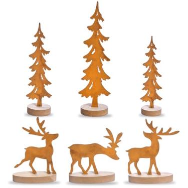 Imagem de Conjunto de árvores de Natal e renas de metal vintage, 6 peças, decoração de Natal rústica de mesa com base de madeira, centros de mesa de metal para decoração de lareira de prateleira interna de