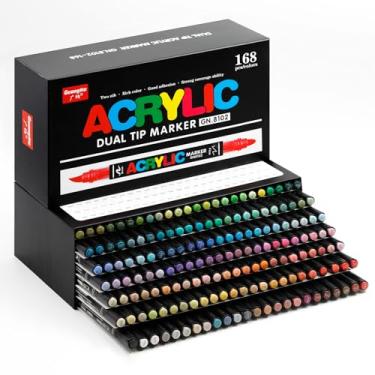 Imagem de Guangna Marcadores de tinta acrílica de 168 cores, canetas marcadoras de ponta dupla com ponta de pincel macio, marcadores multifuncionais de ponta fina para madeira, tela, pintura rupestre, vidro