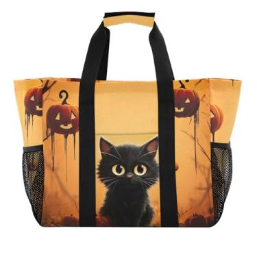 Imagem de ODAWA Sacola de praia reutilizável de lona para compras de supermercado e academia, bolsa de natação portátil para Halloween, Halloween Cat Pumpkin, One Size