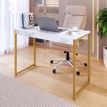 Imagem de Mesa Escrivaninha Industrial para Escritório e Home Office 90x45x75 cm Fácil Montagem (MENOR 74X40,MARMORE/DOURADO)